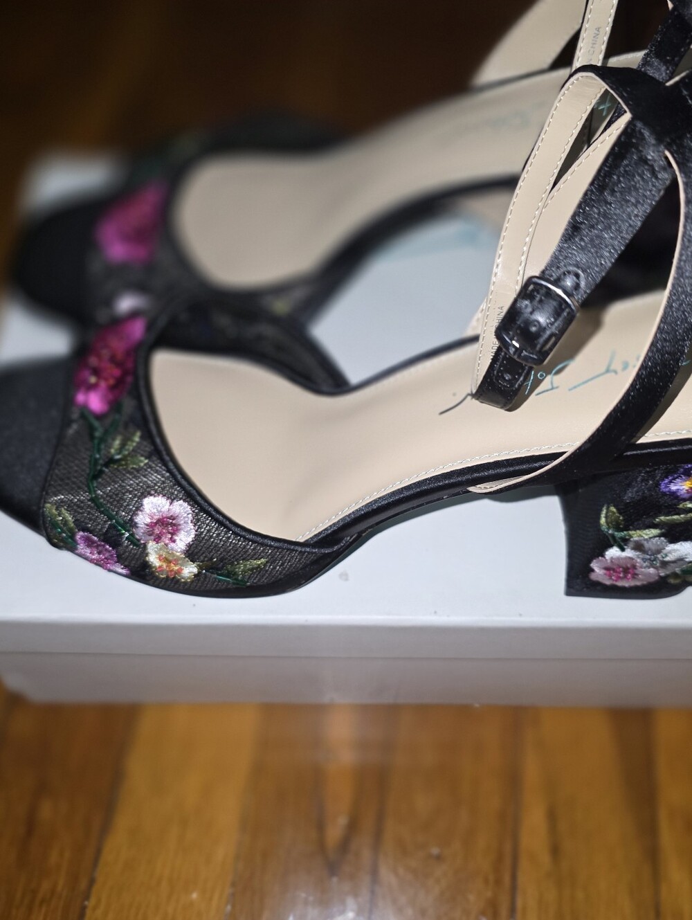 Betsey Johnson Black Floral Embroidered Mesh Block Heel Sandals - Picture 5 of 6